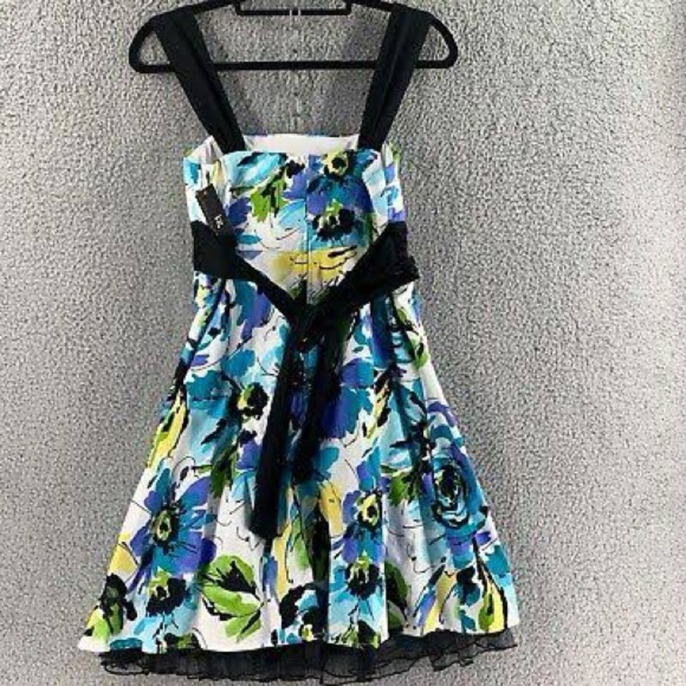 Blue and Yellow Sleeveless Sundress with Square Neck